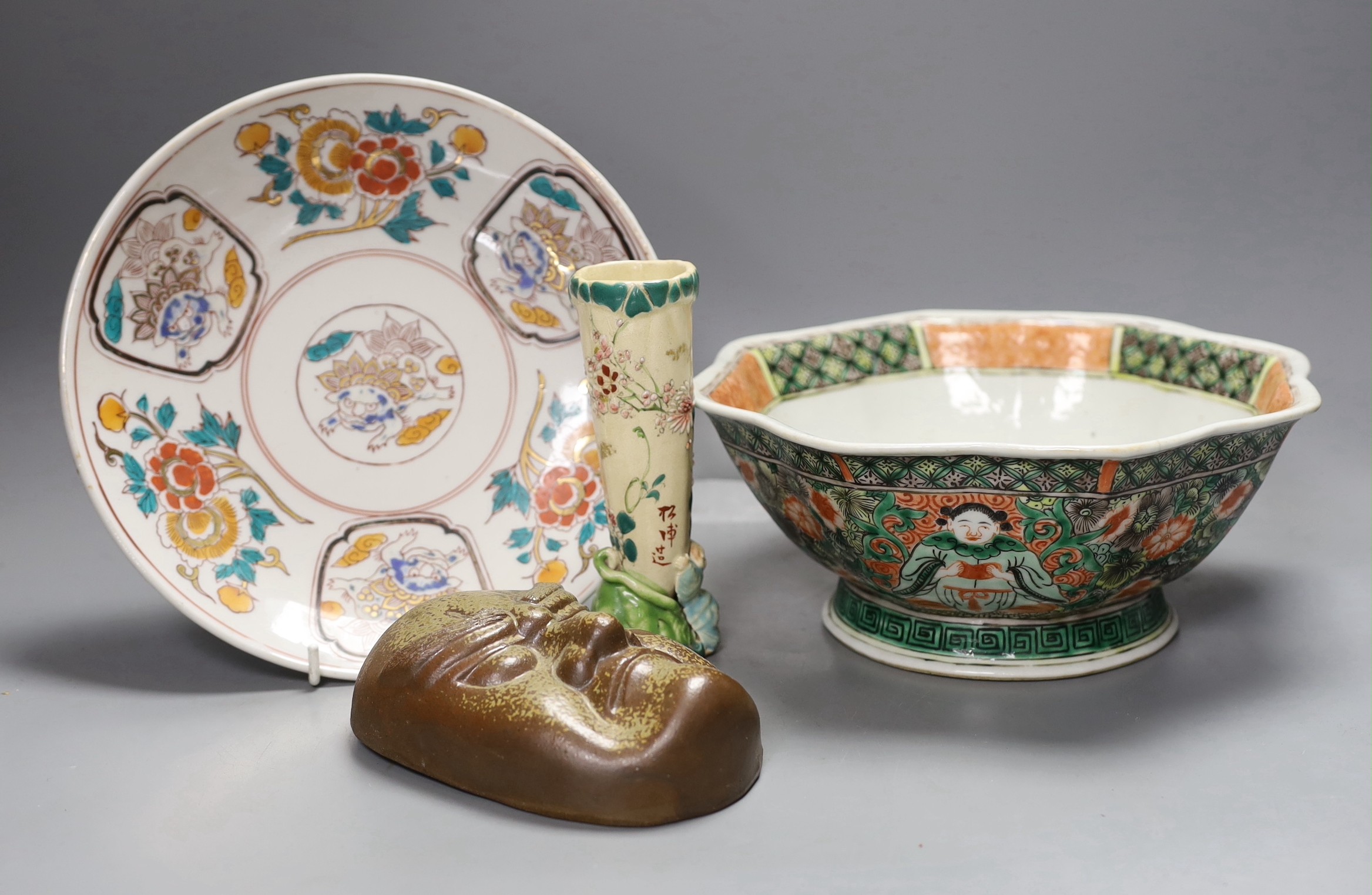 A Chinese famille verte octagonal bowl, early 20th century and other oriental ceramics, to include a wall mask, brush pot and dish